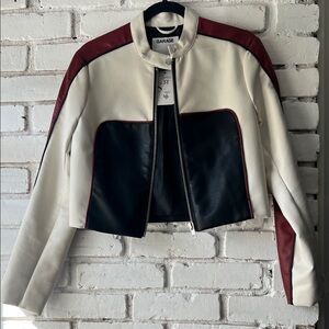 Garage Colorblock Cropped Moto Jacket - White, Black & Burgundy